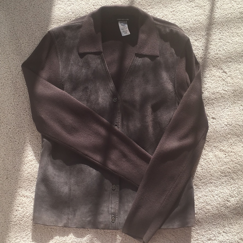 Jones New York button down sweater, suede front